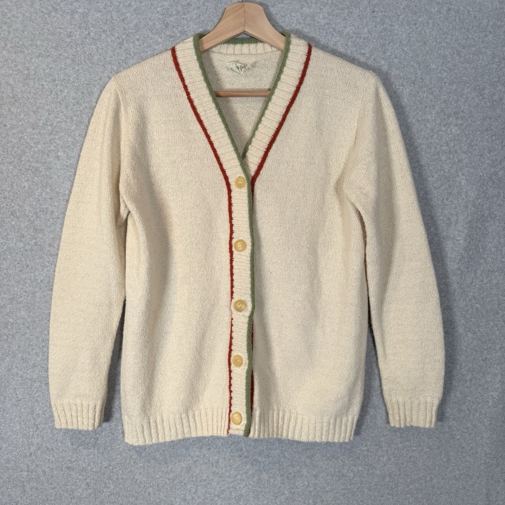 Cream V-Neck Cardigan with Red & Green Trim